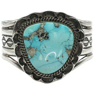 Tom Lewis Navajo 925 Sterling Silver Cuff Bracelet Large Trillion Cut Turquoise
